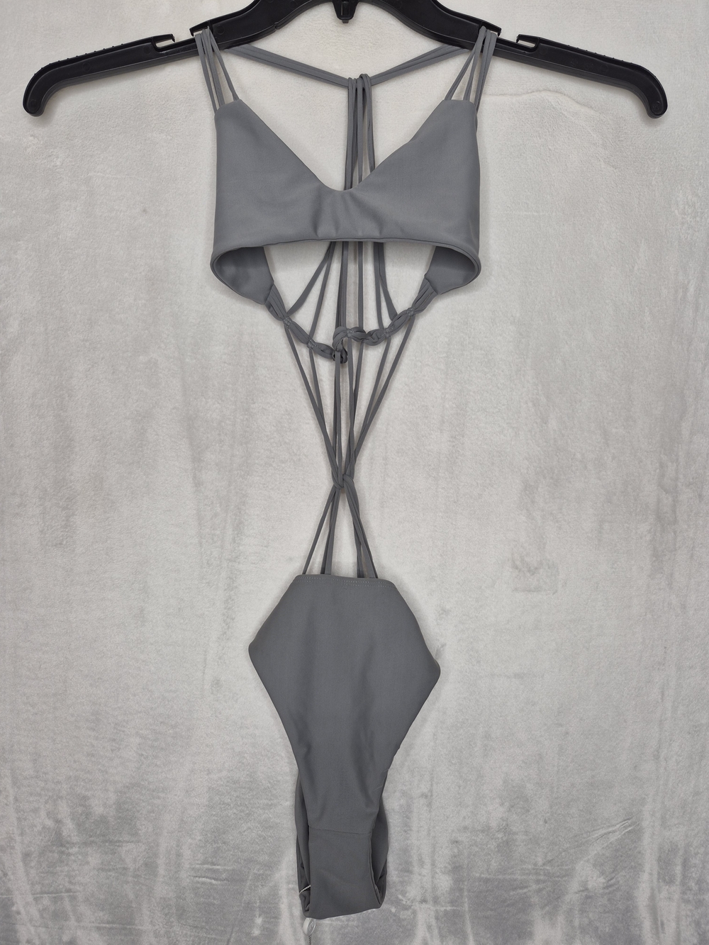Mikoh NWT Caged Cutout Macrame Seychelles Monokini One Piece Swimsuit Gray Med